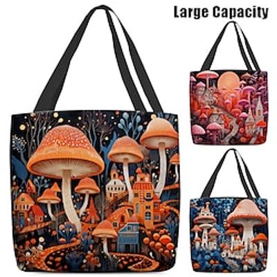 Women's Tote Shoulder Bag Canvas Tote Bag Mushrooms PatternPolyester Shopping Daily Holiday Print Large Capacity Foldable Lightweight Plant Blue miniinthebox