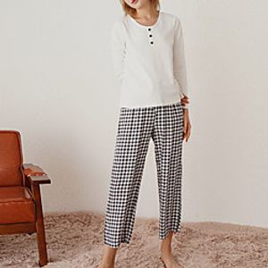 Women's Breathable Gift Pajamas Sets Home Daily Bed Button Print Grid  Plaid Cotton Fashion Pant Spring Summer Crew Neck Long Sleeve Long Pant Lightinthebox