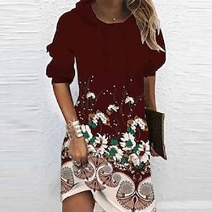 Women's Hoodie Dress Winter Dress Wine Long Sleeve Floral Print Winter Fall Hooded Vacation Casual Fall Dress 2022 S M L XL XXL 3XL Lightinthebox