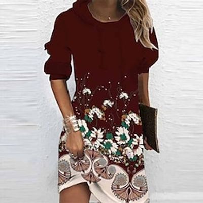Women's Hoodie Dress Winter Dress Wine Long Sleeve Floral Print Winter Fall Hooded Vacation Casual Fall Dress 2022 S M L XL XXL 3XL Lightinthebox
