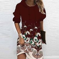 Women's Hoodie Dress Winter Dress Wine Long Sleeve Floral Print Winter Fall Hooded Vacation Casual Fall Dress 2022 S M L XL XXL 3XL Lightinthebox - thumbnail