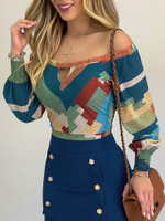 Color Block Off The Shoulder Long Sleeves Blouse - thumbnail