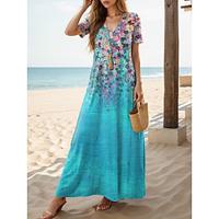 Women's Casual Dress A Line Dress Floral Print V Neck Long Dress Maxi Dress Streetwear Maxi Street Holiday Short Sleeve Loose Fit Blue Summer S M L XL XXL Lightinthebox