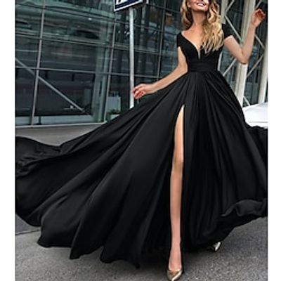 A-Line Prom Dresses Black Dress Dress Wedding Guest Black Tie Court Train Short Sleeve V Neck Stretch Fabric with Ruched Slit 2023 Lightinthebox