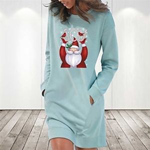 Women's Casual Dress Hoodie Dress Light Blue Grey White Long Sleeve Letter Santa Claus Pocket Print Winter Fall Crew Neck Stylish Casual Christmas Fall Dress Loose Fit 2022 S M L XL 2XL / Cotton miniinthebox