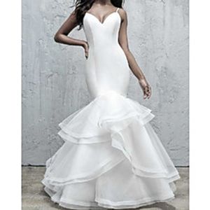 Mermaid / Trumpet Wedding Dresses V Neck Sweep / Brush Train Organza Satin Sleeveless Romantic Simple with Cascading Ruffles 2021 miniinthebox