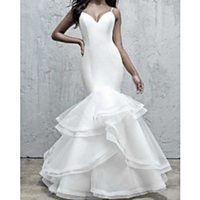 Mermaid / Trumpet Wedding Dresses V Neck Sweep / Brush Train Organza Satin Sleeveless Romantic Simple with Cascading Ruffles 2021 miniinthebox