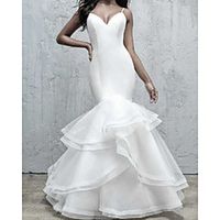 Mermaid / Trumpet Wedding Dresses V Neck Sweep / Brush Train Organza Satin Sleeveless Romantic Simple with Cascading Ruffles 2021 miniinthebox - thumbnail