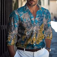 Men's Shirt Button Up Shirt Casual Shirt Summer Shirt Beach Shirt Blue Red  White Long Sleeve Color Block Lapel Hawaiian Holiday Button-Down Clothing Apparel Fashion Casual Comfortable Lightinthebox