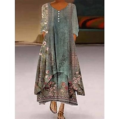 Women's Casual Dress SpringDress Floral Print Button V Neck Long Dress Maxi Dress Streetwear Maxi Street Holiday Long Sleeve Regular Fit Green Summer Spring S M L XL 2XL Lightinthebox