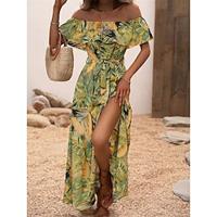 Women's Casual Dress A Line Dress Leaf Split Print Off Shoulder Long Dress Maxi Dress Boho Date Vacation 3/4 Length Sleeve Summer Lightinthebox