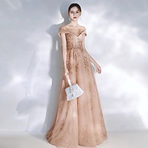 A-Line Sparkle Floral Engagement Formal Evening Dress Illusion Neck Short Sleeve Sweep / Brush Train Tulle with Sequin 2021 miniinthebox