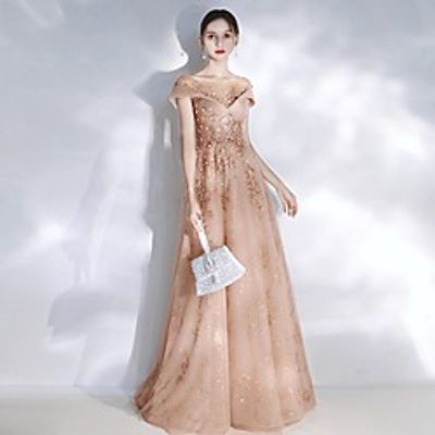 A-Line Sparkle Floral Engagement Formal Evening Dress Illusion Neck Short Sleeve Sweep / Brush Train Tulle with Sequin 2021 miniinthebox