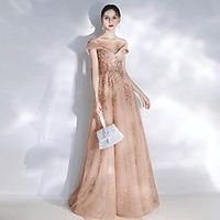A-Line Sparkle Floral Engagement Formal Evening Dress Illusion Neck Short Sleeve Sweep / Brush Train Tulle with Sequin 2021 miniinthebox - thumbnail