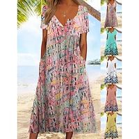 Women's Casual Dress Summer Dress Print Dress Graphic Floral Button Pocket Split Neck Midi Dress Fashion Classic Daily Holiday Short Sleeve Loose Fit Teal Blush Pink White Summer Spring S M L XL XXL Lightinthebox