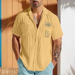 Men's Shirt Button Up Shirt Casual Shirt Summer Shirt White Yellow Green Short Sleeve Plain Collar Daily Vacation Embroidery Clothing Apparel Fashion Casual Comfortable Lightinthebox