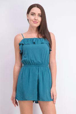 Womens Ruffled Neckline Playsuit Teal Womens Ruffled Neckline Playsuit Teal