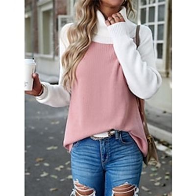 Women's Turtleneck Stylish Sweater Ribbed Knit Patchwork Color Block Pullover Jumper Casual Outdoor Daily Fall Winter Black Pink S M Lightinthebox
