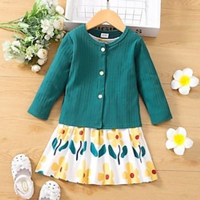 2 Pieces Kids Girls' SkirtSet Outfit Solid Color Floral Long Sleeve Crewneck Set Outdoor Fashion Sweet Fall Spring 2-6 Years Multi color Lightinthebox