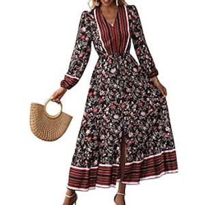 Women's A Line Dress Maxi long Dress Black Long Sleeve Floral Split Print Fall Winter V Neck Stylish Elegant Boho 2022 S M L XL miniinthebox