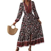 Women's A Line Dress Maxi long Dress Black Long Sleeve Floral Split Print Fall Winter V Neck Stylish Elegant Boho 2022 S M L XL miniinthebox - thumbnail