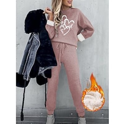 Women's Sweatshirt Tracksuit Pants Sets Fleece Lined Heart Black Yellow Pink Drawstring Print Long Sleeve Casual Daily Warm Funny Round Neck Regular Fit Fall  Winter Lightinthebox