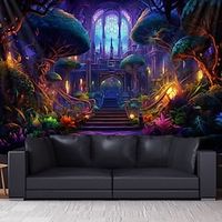 Mushroom Palace Blacklight Tapestry UV Reactive Glow in the Dark Psychedelic Trippy Misty Nature Hanging Tapestry Wall Art Mural for Living Room Bedroom miniinthebox - thumbnail