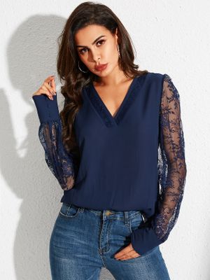 YOINS Navy Lace Details Patchwork V-neck Long Sleeves Blouse YOINS Navy Lace Details Patchwork V-neck Long Sleeves Blouse
