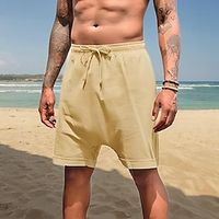 Men's Linen Shorts Summer Shorts Beach Shorts Pocket Drawstring Elastic Waist Plain Comfort Breathable Short Holiday Vacation Beach Hawaiian Boho Black Army Green Lightinthebox