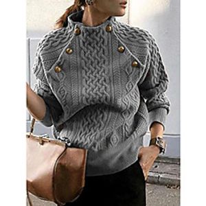 Women's Pullover Knitted Button Solid Color Elegant Long Sleeve Sweater Cardigans Turtleneck Fall Winter Grey Brown Lightinthebox