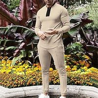 Men's Quarter Zip Polo Golf Shirt Daily Holiday Quarter Zip Long Sleeve Fashion Modern Color Block 2 Piece Spring   Fall Regular Fit Black Royal Blue Light Grey Dark Gray Apricot Quarter Zip Polo Lightinthebox