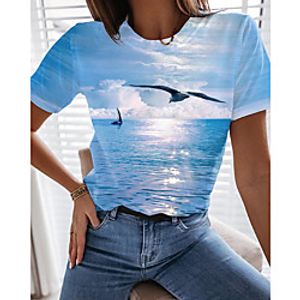 Women's Holiday 3D Printed Painting T shirt Graphic Bird Print Round Neck Basic Beach Tops Light Blue miniinthebox