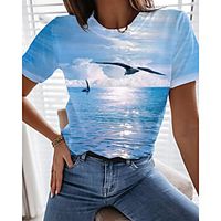 Women's Holiday 3D Printed Painting T shirt Graphic Bird Print Round Neck Basic Beach Tops Light Blue miniinthebox - thumbnail