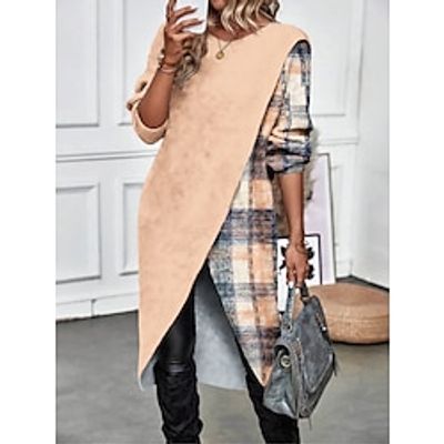 Women's Plaid Dress Casual Dress Plaid Print Layered Crew Neck Midi Dress Fashion Streetwear Outdoor Date Long Sleeve Regular Fit Apricot Fall Winter S M L XL XXL Lightinthebox