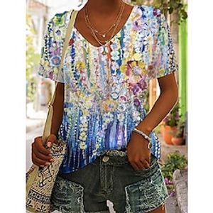 Women's T shirt Tee Red Blue Purple Floral Print Short Sleeve Holiday Weekend Basic V Neck Regular Floral Abstract Painting S Lightinthebox