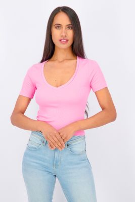 Womens Plain V-Neck Short Sleeve Top Pink Womens Plain V-Neck Short Sleeve Top Pink