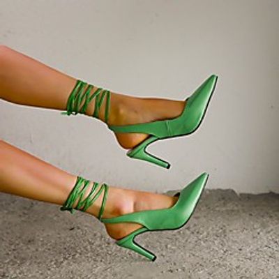 Women's Sandals High Heel Pointed Toe PU Ribbon Tie Lace-up Button Solid Colored Burgundy Blue Green miniinthebox