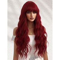 Water Wave Wigs With Bangs Wine Red Wig 28 Inch Long Wavy Deep Wave Heat Resistant Fiber Synthetic Wigs For Women Party Daily Used Christmas Party Wigs miniinthebox - thumbnail