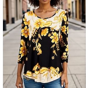 Women's T shirt Tee Floral Black Navy Blue Print Long Sleeve Holiday Weekend Fashion Round Neck Regular Fit Spring   Fall Lightinthebox