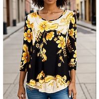 Women's T shirt Tee Floral Black Navy Blue Print Long Sleeve Holiday Weekend Fashion Round Neck Regular Fit Spring   Fall Lightinthebox - thumbnail
