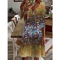 Women's Casual Dress A Line Dress Knee Length Dress Blue Purple Yellow Long Sleeve Floral Zipper Print Fall Winter V Neck Vacation Casual 2022 S M L XL 2XL 3XL 4XL 5XL 6XL miniinthebox - thumbnail