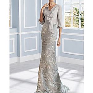Mermaid / Trumpet Mother of the Bride Dress Elegant V Neck Sweep / Brush Train Chiffon Lace Half Sleeve with Pleats Appliques 2021 miniinthebox