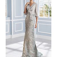 Mermaid / Trumpet Mother of the Bride Dress Elegant V Neck Sweep / Brush Train Chiffon Lace Half Sleeve with Pleats Appliques 2021 miniinthebox - thumbnail