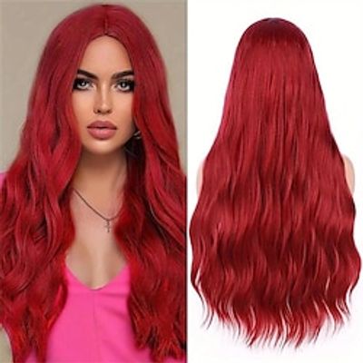 28 Inch Red Long Curly Wavy Wigs For Women Middle Part Mermaid Curly Wave Red Wig Heat Resistant Wavy Synthetic Wig For Daily Party Use Christmas Party Wigs miniinthebox