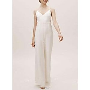 Jumpsuits Wedding Dresses V Neck Spaghetti Strap Floor Length Charmeuse Long Sleeve Simple with 2022 Lightinthebox