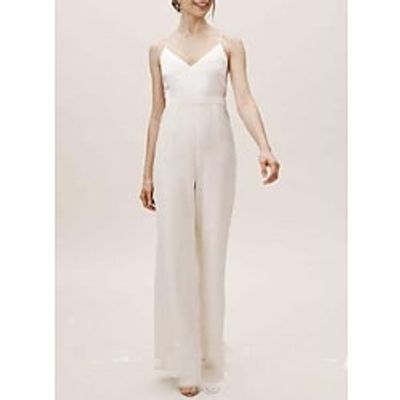 Jumpsuits Wedding Dresses V Neck Spaghetti Strap Floor Length Charmeuse Long Sleeve Simple with 2022 Lightinthebox