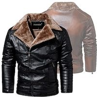Men's Faux Leather Jacket Motorcycle Jacket Daily Wear Club Warm Faux Fur Trim Winter Plain Casual Lapel Thick Regular Faux Leather Loose Fit Black Brown Coffee Jacket Lightinthebox - thumbnail