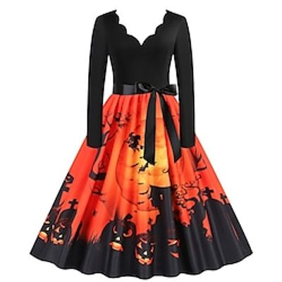 Women's A Line Dress Swing Dress Knee Length Dress Green Black Gray Orange Red Long Sleeve Pumpkin Print Ruched Patchwork Bow Fall Winter V Neck Vintage Modern 2022 S M L XL XXL 3XL Lightinthebox