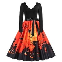 Women's A Line Dress Swing Dress Knee Length Dress Green Black Gray Orange Red Long Sleeve Pumpkin Print Ruched Patchwork Bow Fall Winter V Neck Vintage Modern 2022 S M L XL XXL 3XL Lightinthebox - thumbnail