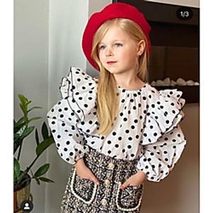 Kids Girls' Clothing Set Long Sleeve White Polka Dot Beaded Print Daily Wear Active Regular 2-6 Years miniinthebox